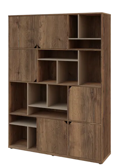 KU6-15DN L skříň vysoká 6-dvéřová, niky, 2053x1522x400 mm, provedení levé, korpus a dvířka dub halifax cínový/police latte