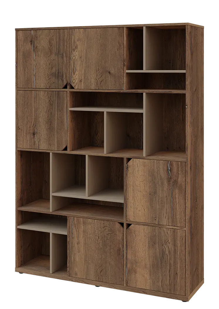 KU6-15DN L skříň vysoká 6-dvéřová, niky, 2053x1522x400 mm, provedení levé, korpus a dvířka dub halifax cínový/police latte