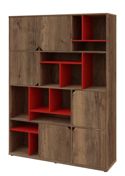 KU6-15DN L skříň vysoká 6-dvéřová, niky, 2053x1522x400 mm, provedení levé, korpus a dvířka dub halifax cínový/police červená