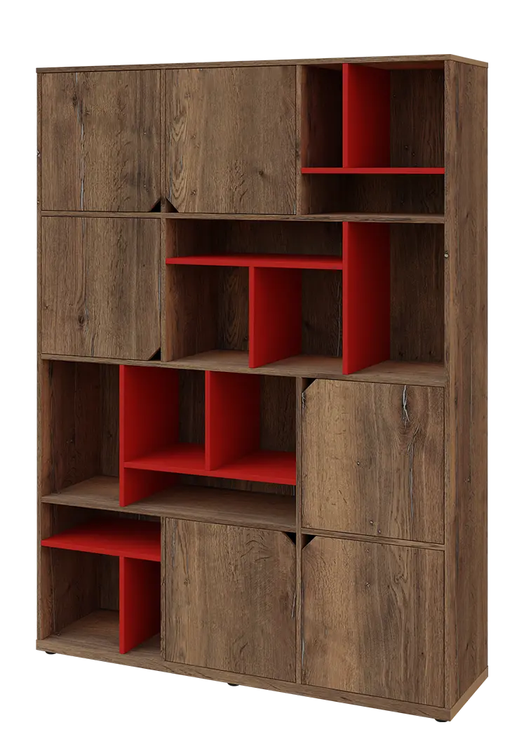 KU6-15DN L skříň vysoká 6-dvéřová, niky, 2053x1522x400 mm, provedení levé, korpus a dvířka dub halifax cínový/police červená