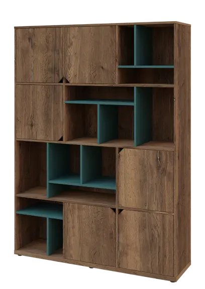 KU6-15DN L skříň vysoká 6-dvéřová, niky, 2053x1522x400 mm, provedení levé, korpus a dvířka dub halifax cínový/police světle petrolejová