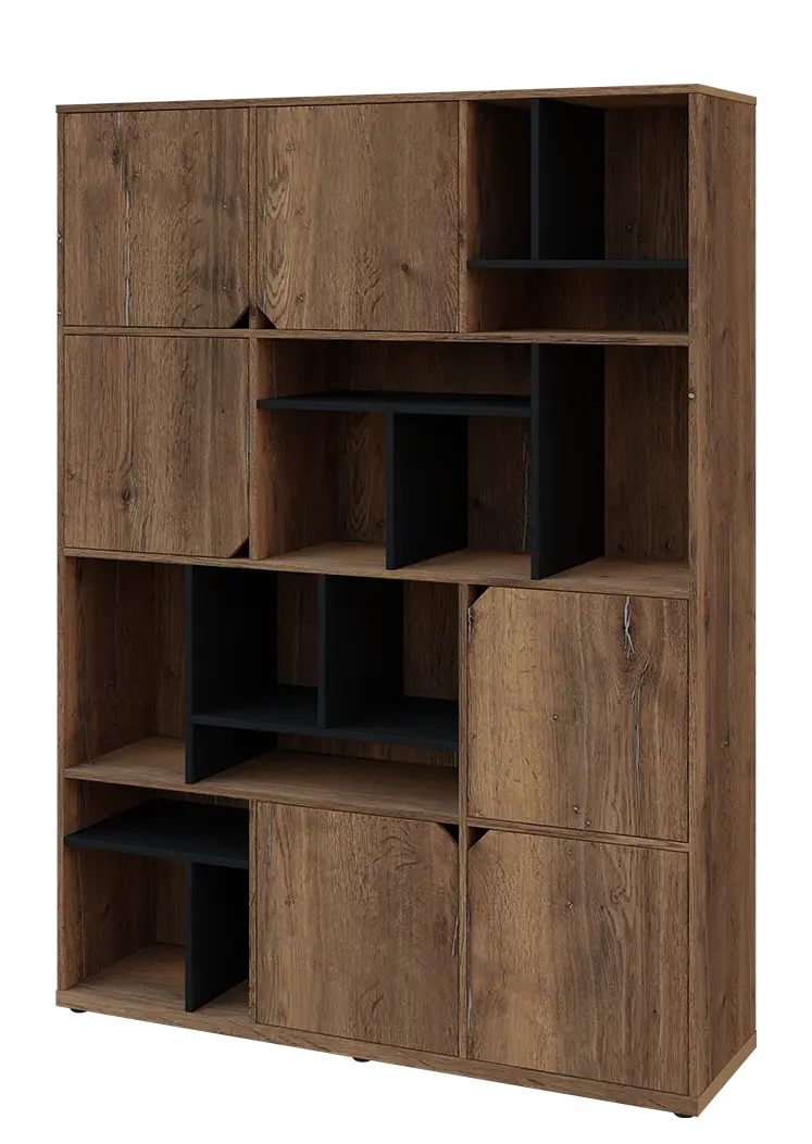 KU6-15DN L skříň vysoká 6-dvéřová, niky, 2053x1522x400 mm, provedení levé, korpus a dvířka dub halifax cínový/police černá