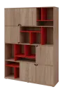 KU6-15DN L skříň vysoká 6-dvéřová, niky, 2053x1522x400 mm, provedení levé, korpus a dvířka dub bardolino/police červená