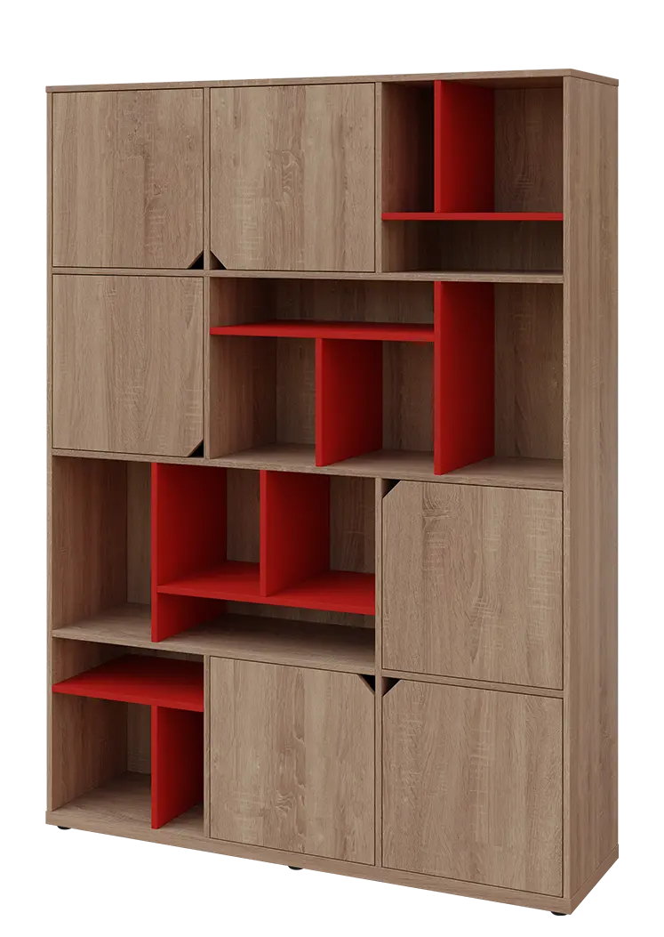 KU6-15DN L skříň vysoká 6-dvéřová, niky, 2053x1522x400 mm, provedení levé, korpus a dvířka dub bardolino/police červená