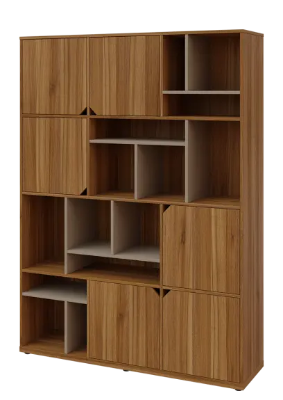 KU6-15DN L skříň vysoká 6-dvéřová, niky, 2053x1522x400 mm, provedení levé, korpus a dvířka ořech světlý/police latte