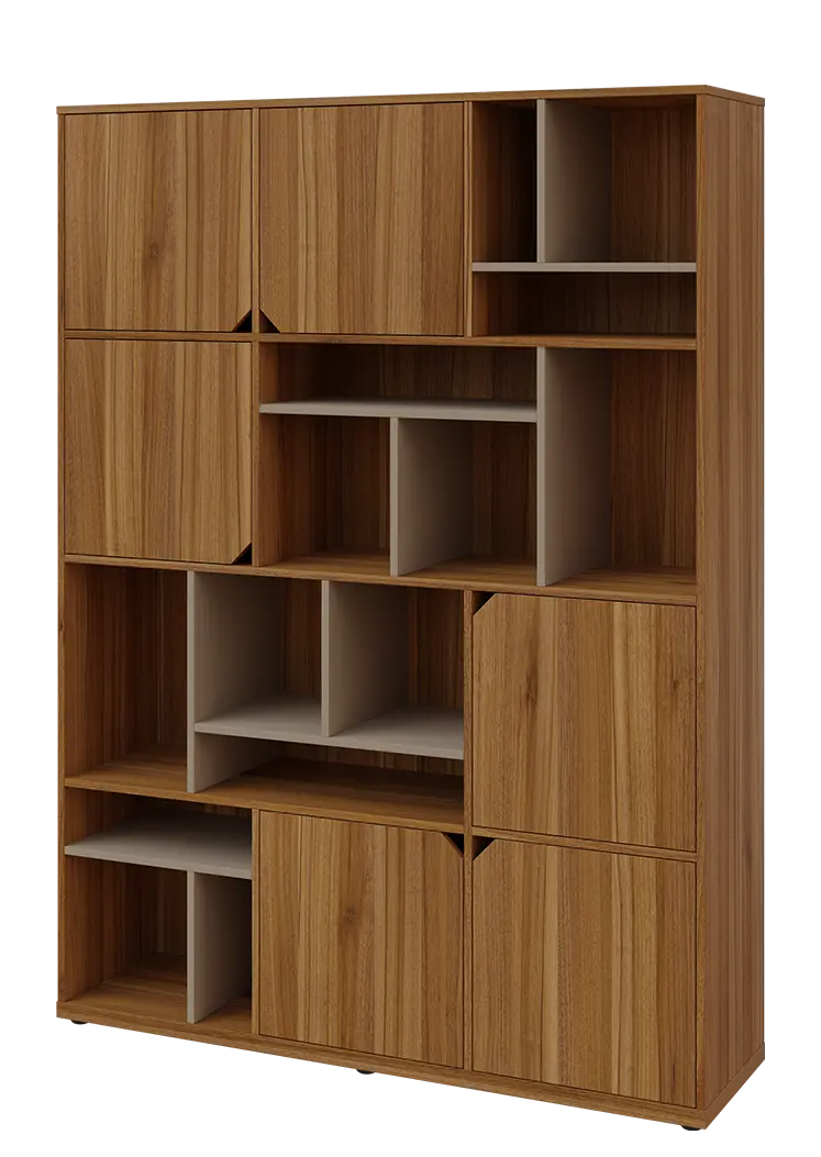 KU6-15DN L skříň vysoká 6-dvéřová, niky, 2053x1522x400 mm, provedení levé, korpus a dvířka ořech světlý/police latte