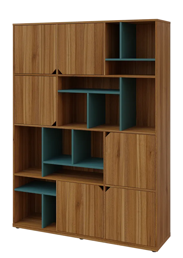 KU6-15DN L skříň vysoká 6-dvéřová, niky, 2053x1522x400 mm, provedení levé, korpus a dvířka ořech světlý/police světle petrolejová