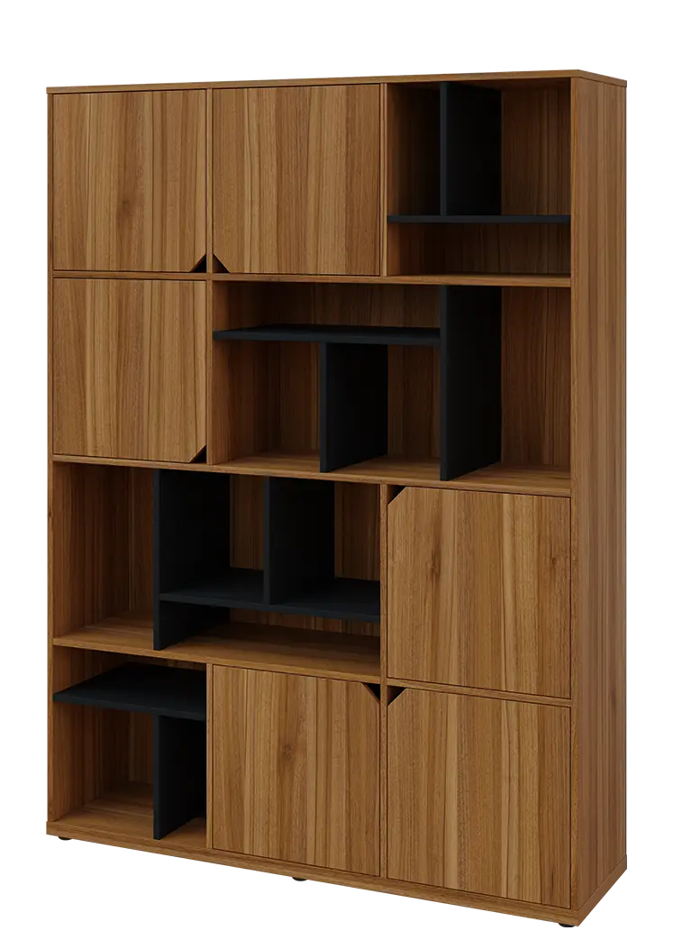 KU6-15DN L skříň vysoká 6-dvéřová, niky, 2053x1522x400 mm, provedení levé, korpus a dvířka ořech světlý/police černá