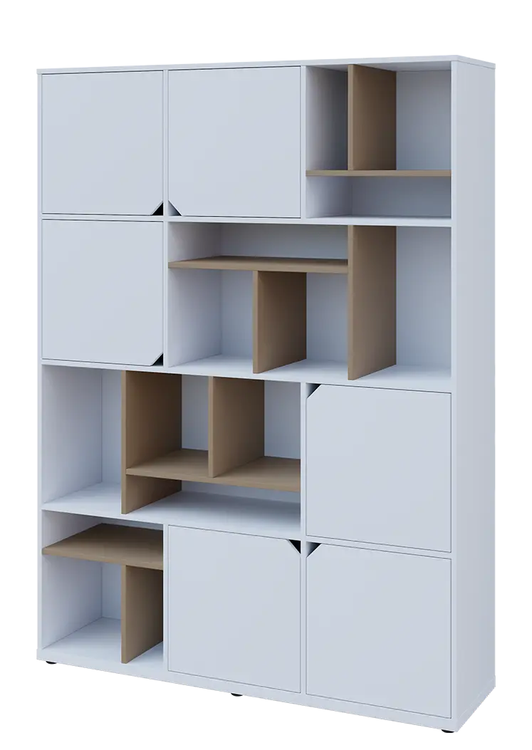 KU6-15DN L skříň vysoká 6-dvéřová, niky, 2053x1522x400 mm, provedení levé, korpus a dvířka bílá sněžná/police latte