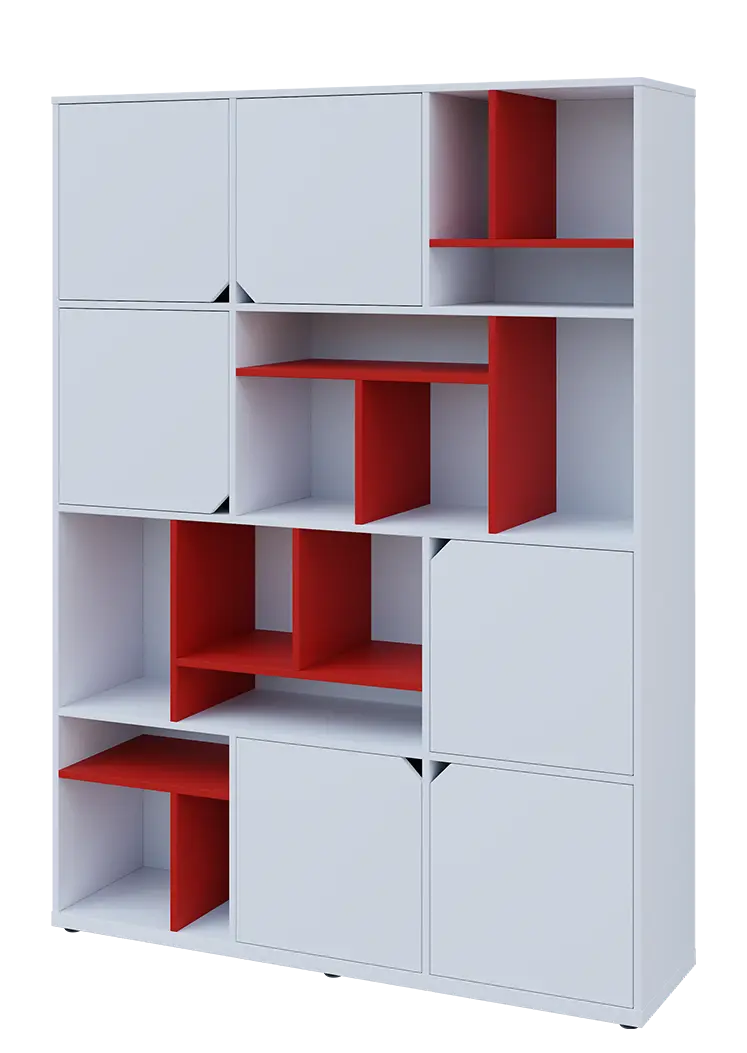 KU6-15DN L skříň vysoká 6-dvéřová, niky, 2053x1522x400 mm, provedení levé, korpus a dvířka bílá sněžná/police červená