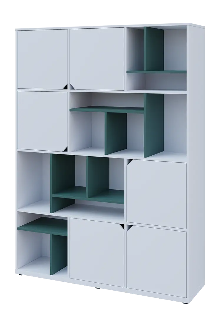 KU6-15DN L skříň vysoká 6-dvéřová, niky, 2053x1522x400 mm, provedení levé, korpus a dvířka bílá sněžná/police světle petrolejová