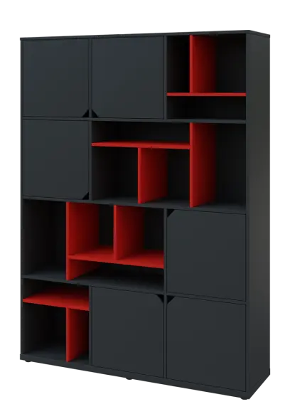 KU6-15DN L skříň vysoká 6-dvéřová, niky, 2053x1522x400 mm, provedení levé, korpus a dvířka antracit/police červená