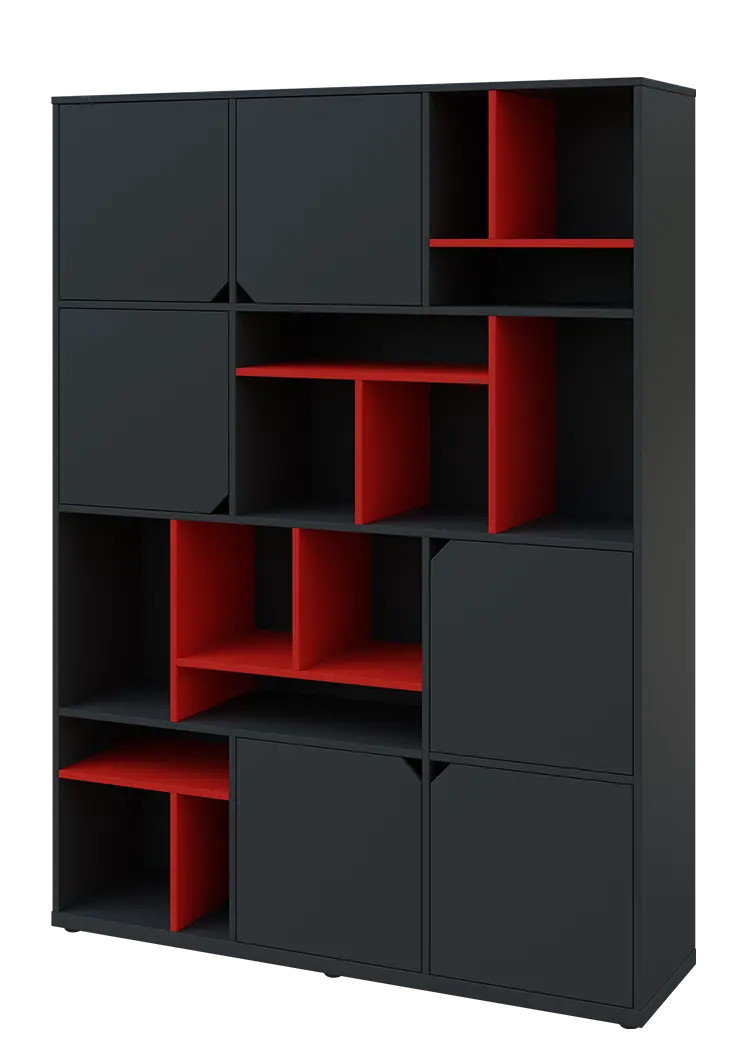 KU6-15DN L skříň vysoká 6-dvéřová, niky, 2053x1522x400 mm, provedení levé, korpus a dvířka antracit/police červená