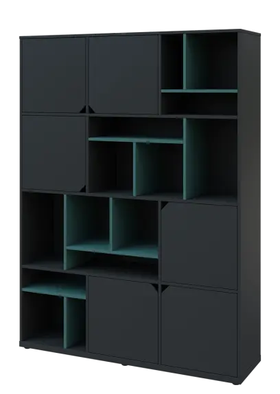 KU6-15DN L skříň vysoká 6-dvéřová, niky, 2053x1522x400 mm, provedení levé, korpus a dvířka antracit/police světle petrolejová