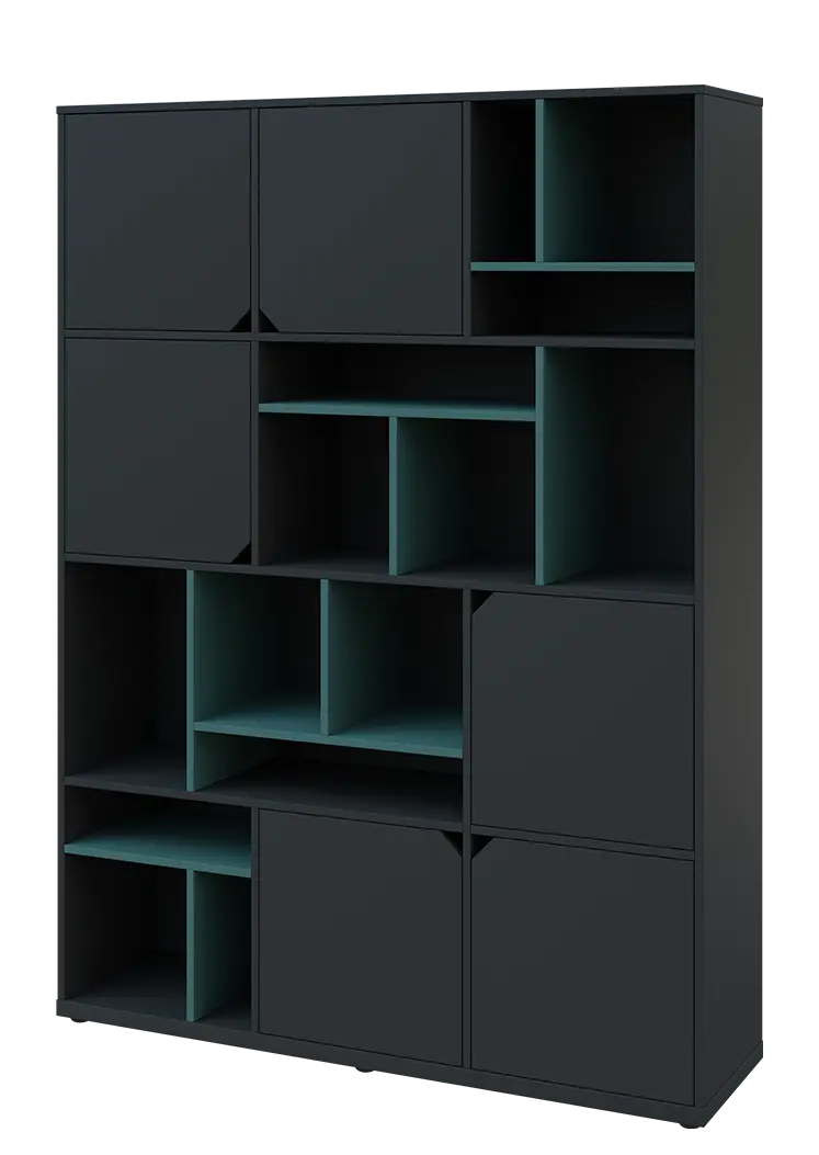 KU6-15DN L skříň vysoká 6-dvéřová, niky, 2053x1522x400 mm, provedení levé, korpus a dvířka antracit/police světle petrolejová