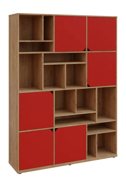 KU6-15DN P skříň vysoká 6-dvéřová, niky, 2053x1522x400 mm, provedení pravé, dub lite/červená