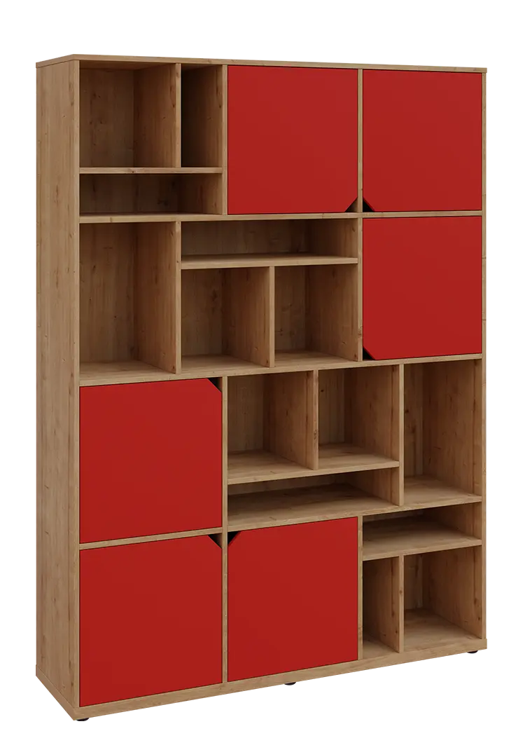 KU6-15DN P skříň vysoká 6-dvéřová, niky, 2053x1522x400 mm, provedení pravé, dub lite/červená