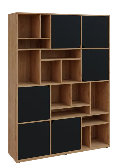 KU6-15DN P skříň vysoká 6-dvéřová, niky, 2053x1522x400 mm, provedení pravé, dub lite/černá