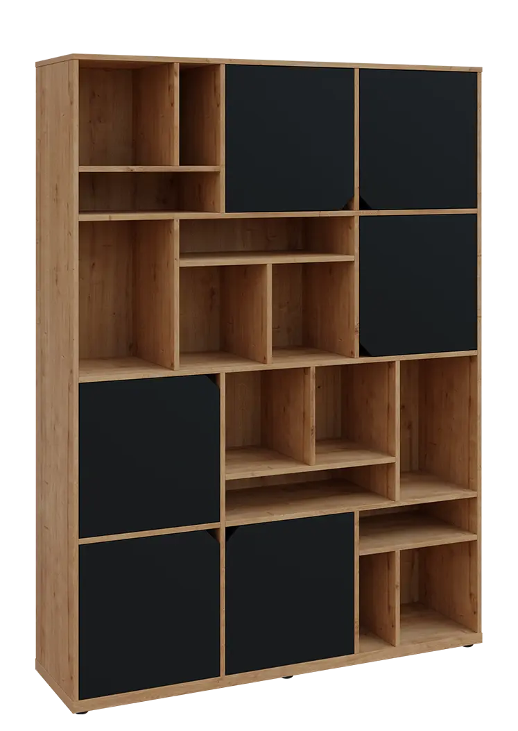 KU6-15DN P skříň vysoká 6-dvéřová, niky, 2053x1522x400 mm, provedení pravé, dub lite/černá