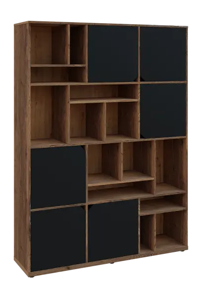 KU6-15DN P skříň vysoká 6-dvéřová, niky, 2053x1522x400 mm, provedení pravé, dub halifax cínový/černá