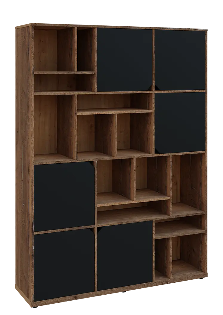 KU6-15DN P skříň vysoká 6-dvéřová, niky, 2053x1522x400 mm, provedení pravé, dub halifax cínový/černá