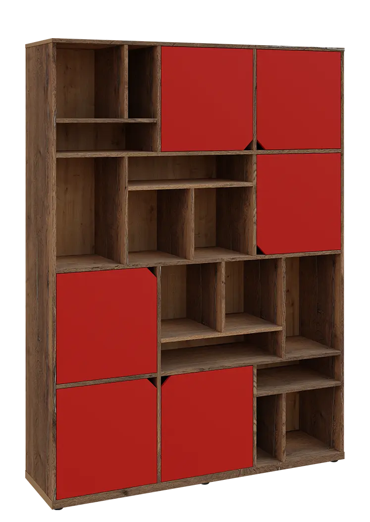 KU6-15DN P skříň vysoká 6-dvéřová, niky, 2053x1522x400 mm, provedení pravé, dub halifax cínový/červená