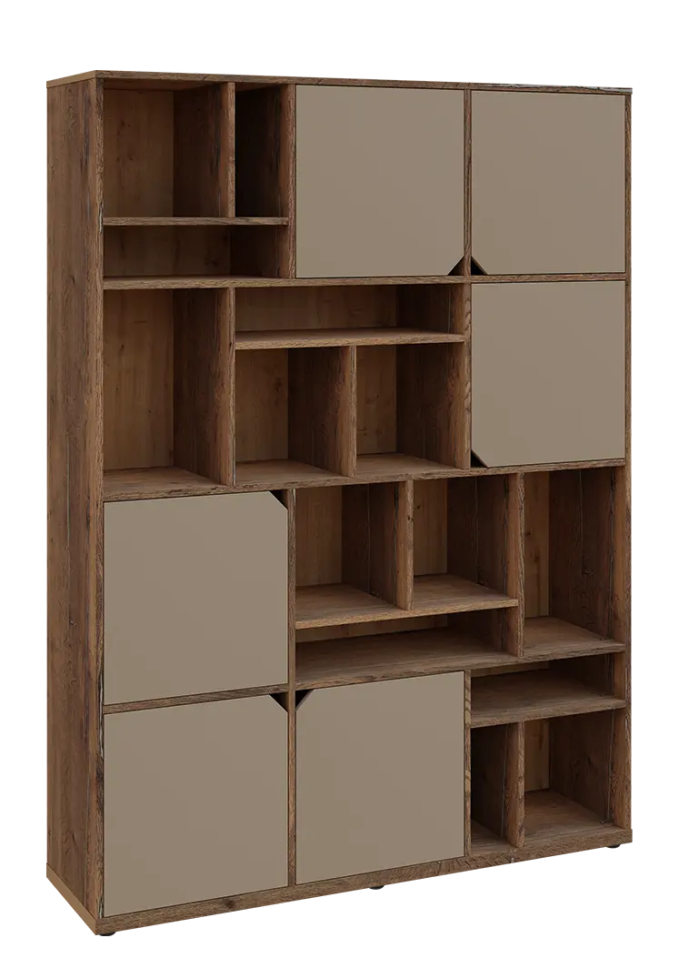 KU6-15DN P skříň vysoká 6-dvéřová, niky, 2053x1522x400 mm, provedení pravé, dub halifax cínový/latte