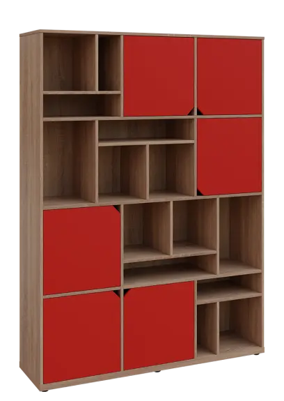 KU6-15DN P skříň vysoká 6-dvéřová, niky, 2053x1522x400 mm, provedení pravé, dub bardolino/červená