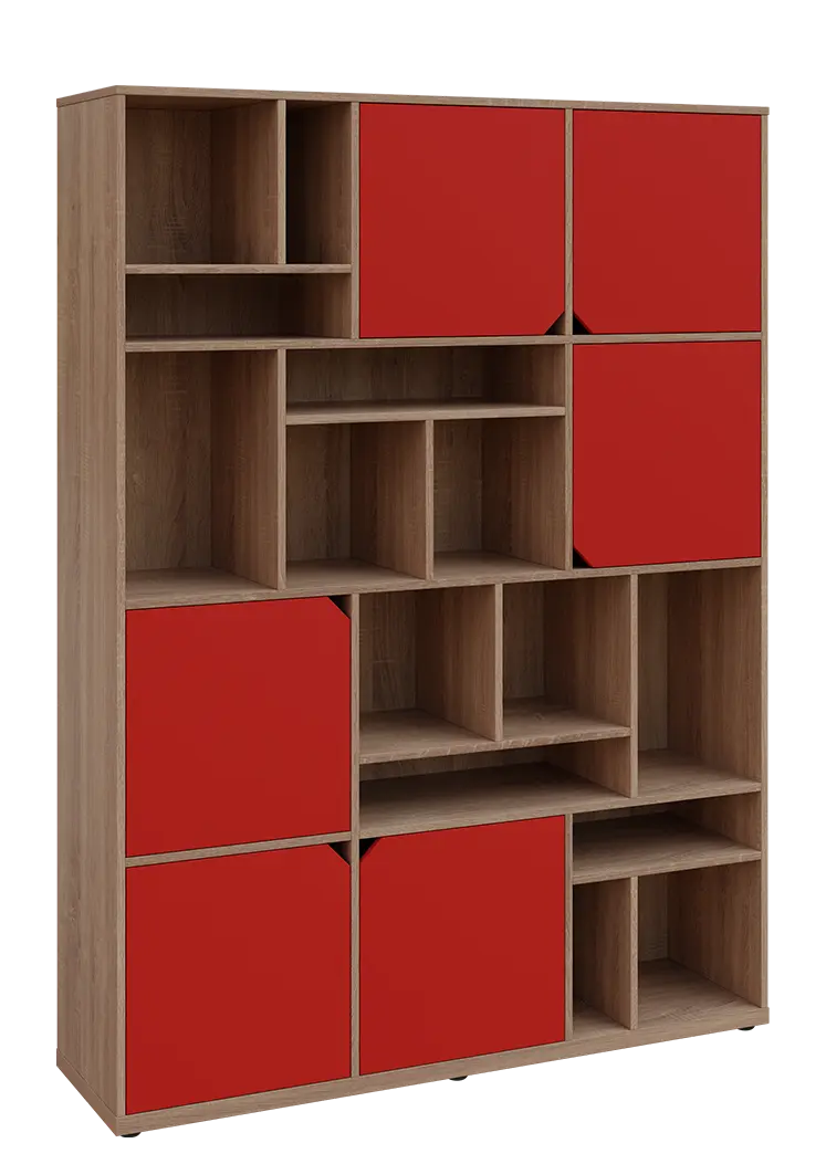 KU6-15DN P skříň vysoká 6-dvéřová, niky, 2053x1522x400 mm, provedení pravé, dub bardolino/červená