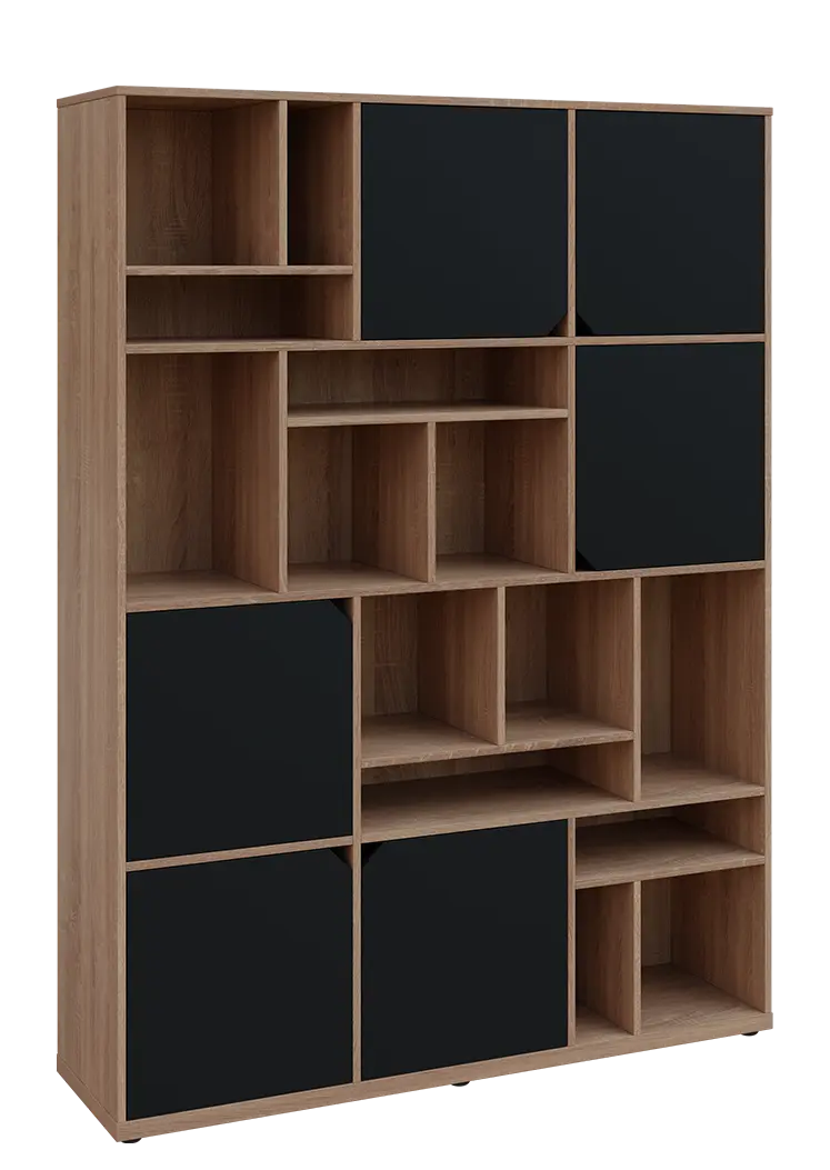 KU6-15DN P skříň vysoká 6-dvéřová, niky, 2053x1522x400 mm, provedení pravé, dub bardolino/černá