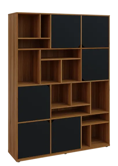 KU6-15DN P skříň vysoká 6-dvéřová, niky, 2053x1522x400 mm, provedení pravé, ořech světlý/černá