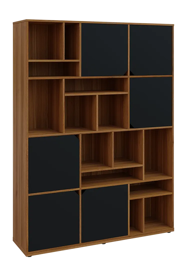 KU6-15DN P skříň vysoká 6-dvéřová, niky, 2053x1522x400 mm, provedení pravé, ořech světlý/černá