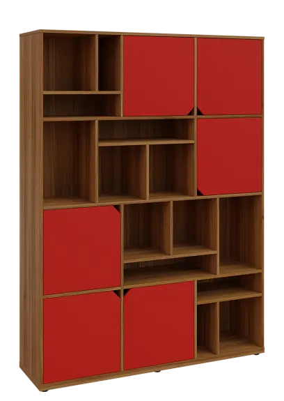 KU6-15DN P skříň vysoká 6-dvéřová, niky, 2053x1522x400 mm, provedení pravé, ořech světlý/červená