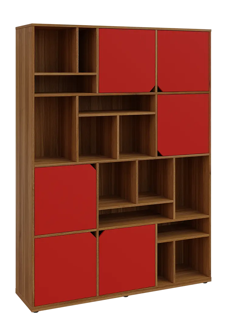 KU6-15DN P skříň vysoká 6-dvéřová, niky, 2053x1522x400 mm, provedení pravé, ořech světlý/červená