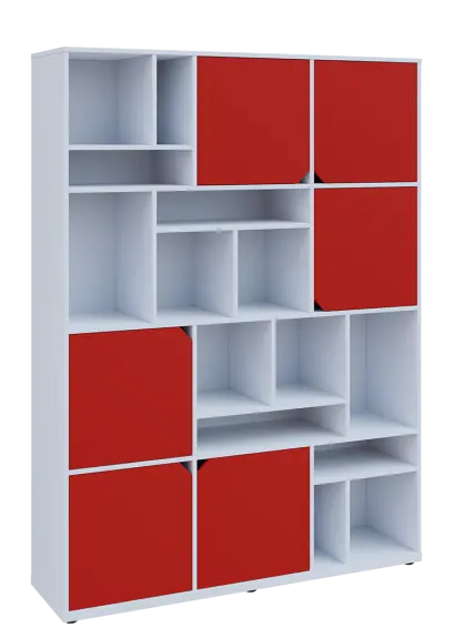 KU6-15DN P skříň vysoká 6-dvéřová, niky, 2053x1522x400 mm, provedení pravé, bílá sněžná/červená