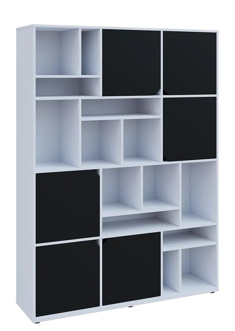 KU6-15DN P skříň vysoká 6-dvéřová, niky, 2053x1522x400 mm, provedení pravé, bílá sněžná/černá