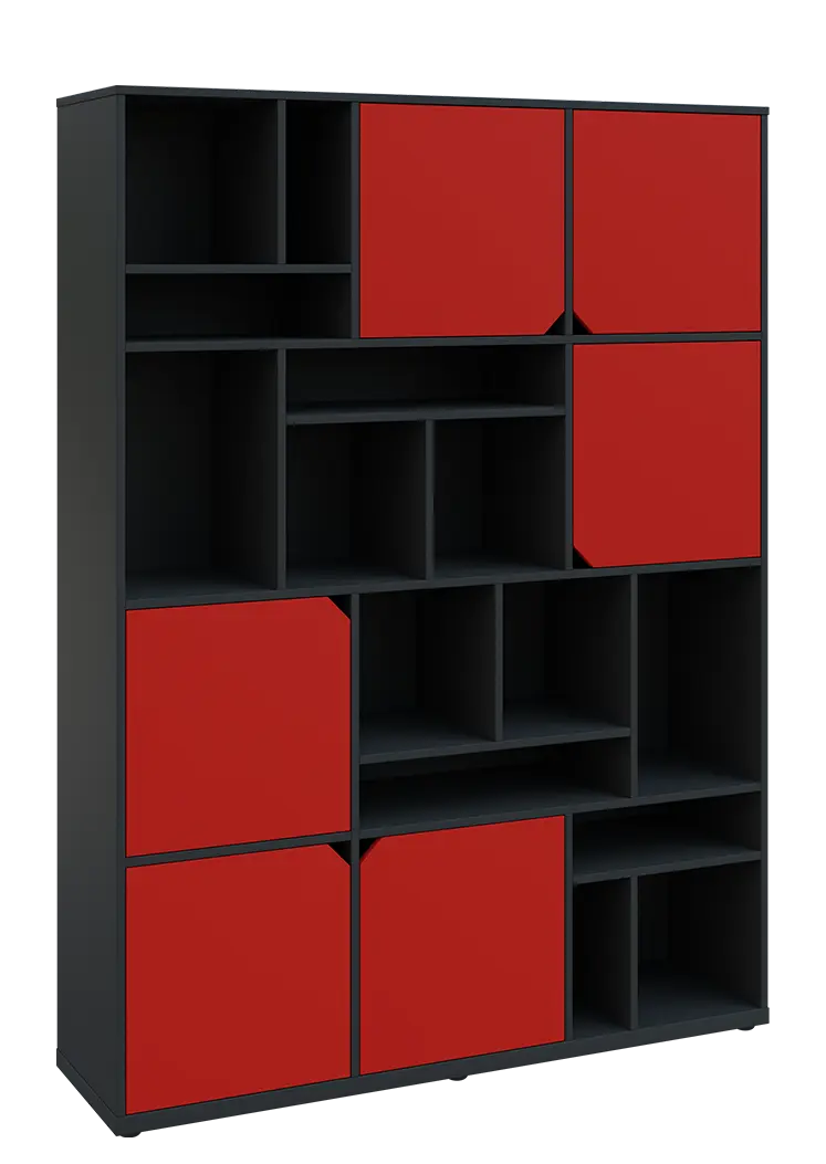 KU6-15DN P skříň vysoká 6-dvéřová, niky, 2053x1522x400 mm, provedení pravé, antracit/červená