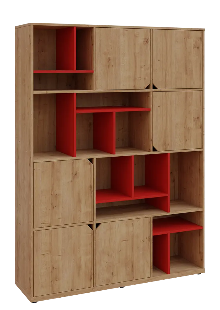 KU6-15DN P skříň vysoká 6-dvéřová, niky, 2053x1522x400 mm, provedení pravé, korpus a dvířka dub lite/police červená