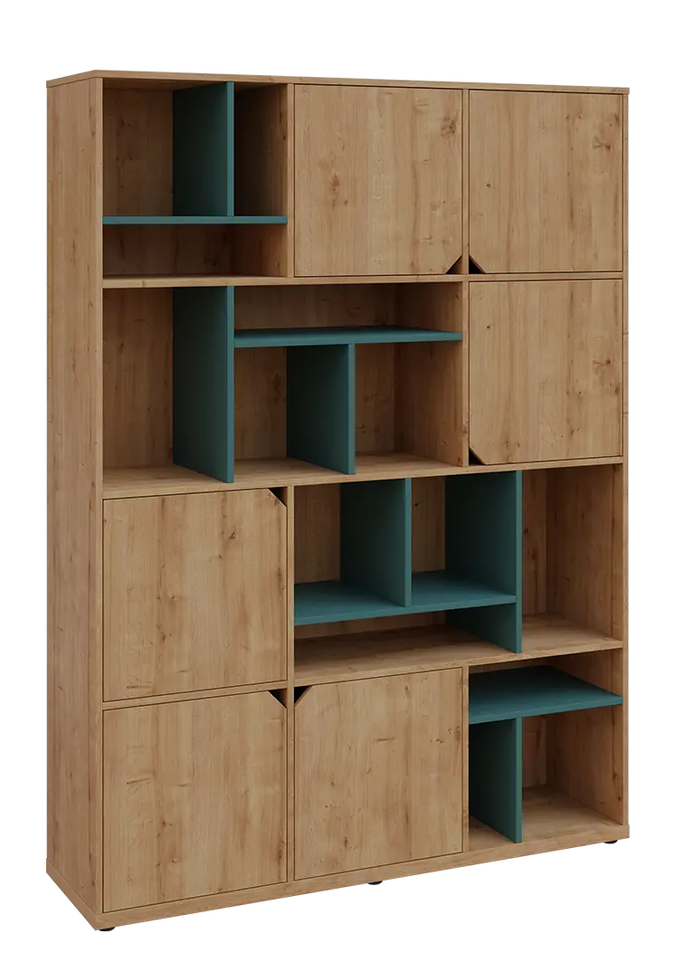 KU6-15DN P skříň vysoká 6-dvéřová, niky, 2053x1522x400 mm, provedení pravé, korpus a dvířka dub lite/police světle petrolejová