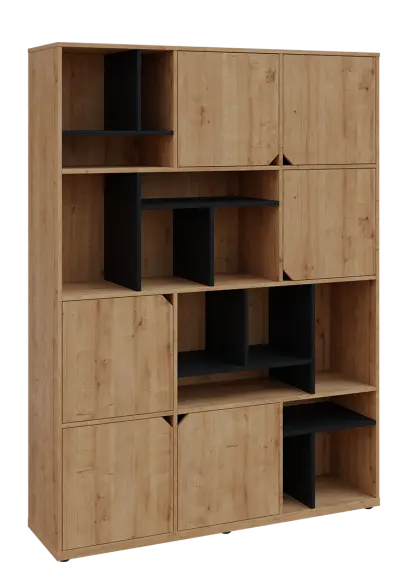 KU6-15DN P skříň vysoká 6-dvéřová, niky, 2053x1522x400 mm, provedení pravé, korpus a dvířka dub lite/police černá