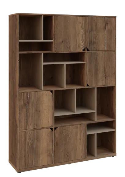 KU6-15DN P skříň vysoká 6-dvéřová, niky, 2053x1522x400 mm, provedení pravé, korpus a dvířka dub halifax cínový/police latte