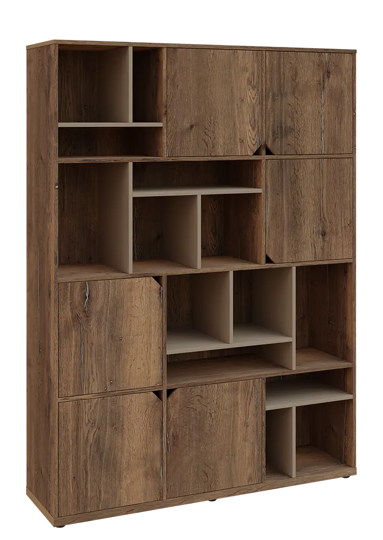 KU6-15DN P skříň vysoká 6-dvéřová, niky, 2053x1522x400 mm, provedení pravé, korpus a dvířka dub halifax cínový/police latte