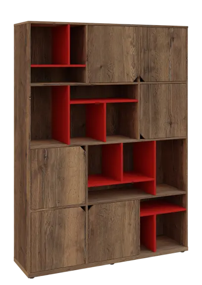 KU6-15DN P skříň vysoká 6-dvéřová, niky, 2053x1522x400 mm, provedení pravé, korpus a dvířka dub halifax cínový/police červená