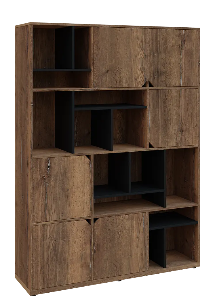 KU6-15DN P skříň vysoká 6-dvéřová, niky, 2053x1522x400 mm, provedení pravé, korpus a dvířka dub halifax cínový/police černá