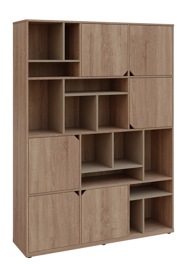 KU6-15DN P skříň vysoká 6-dvéřová, niky, 2053x1522x400 mm, provedení pravé, korpus a dvířka dub bardolino/police latte