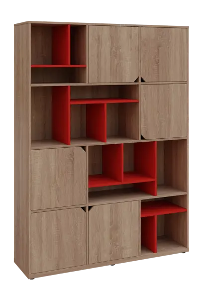 KU6-15DN P skříň vysoká 6-dvéřová, niky, 2053x1522x400 mm, provedení pravé, korpus a dvířka dub bardolino/police červená