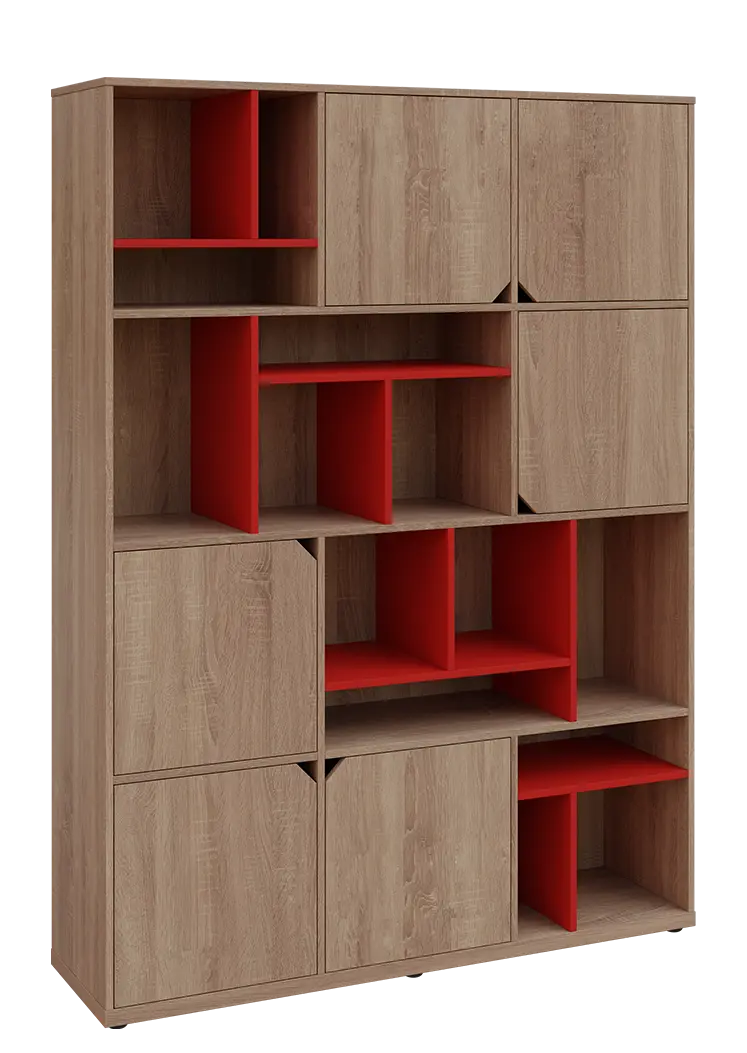 KU6-15DN P skříň vysoká 6-dvéřová, niky, 2053x1522x400 mm, provedení pravé, korpus a dvířka dub bardolino/police červená