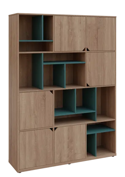 KU6-15DN P skříň vysoká 6-dvéřová, niky, 2053x1522x400 mm, provedení pravé, korpus a dvířka dub bardolino/police světle petrolejová