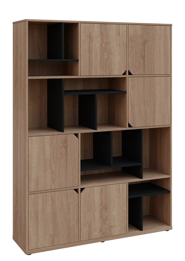 KU6-15DN P skříň vysoká 6-dvéřová, niky, 2053x1522x400 mm, provedení pravé, korpus a dvířka dub bardolino/police černá