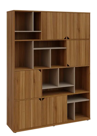 KU6-15DN P skříň vysoká 6-dvéřová, niky, 2053x1522x400 mm, provedení pravé, korpus a dvířka ořech světlý/police latte